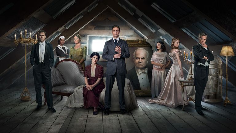 Promotional image for the UK television adaptation of *Flowers in the Attic*, showing the cast in period costume.