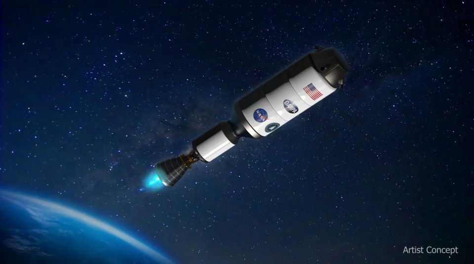 Artist's concept of a NASA and DARPA rocket launching into space.