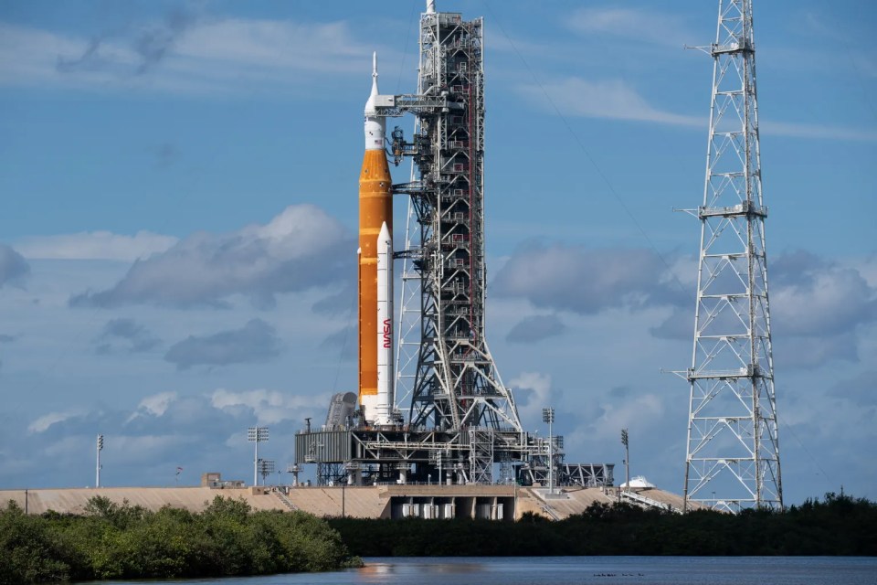NASA's Space Launch System rocket on the launchpad.