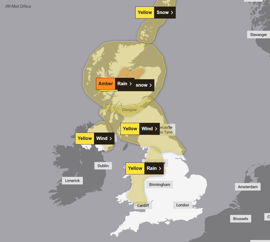 Met Office weather warnings for Britain: yellow wind and rain warnings, amber rain and snow warning in Scotland.