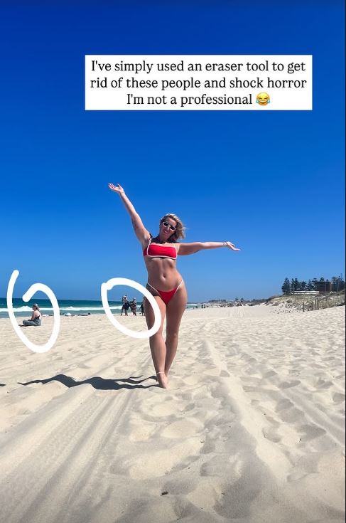 Woman in red bikini on beach, explaining she used an eraser tool to remove people from the photo.