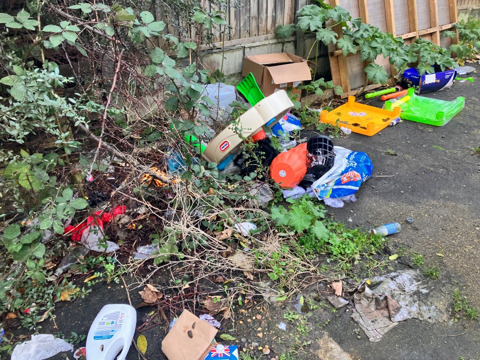 Illegally dumped rubbish including toys and cardboard boxes.