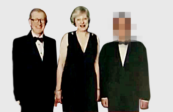 Photo of Theresa May and her husband with Prince Andrew; Andrew's face is pixelated.