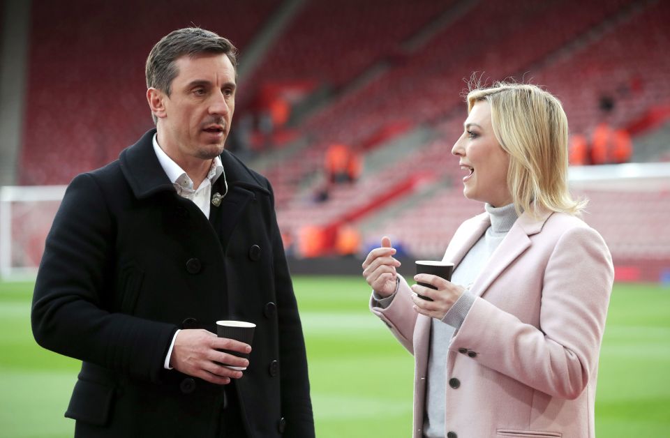 Gary Neville and Kelly Cates at a Premier League match.