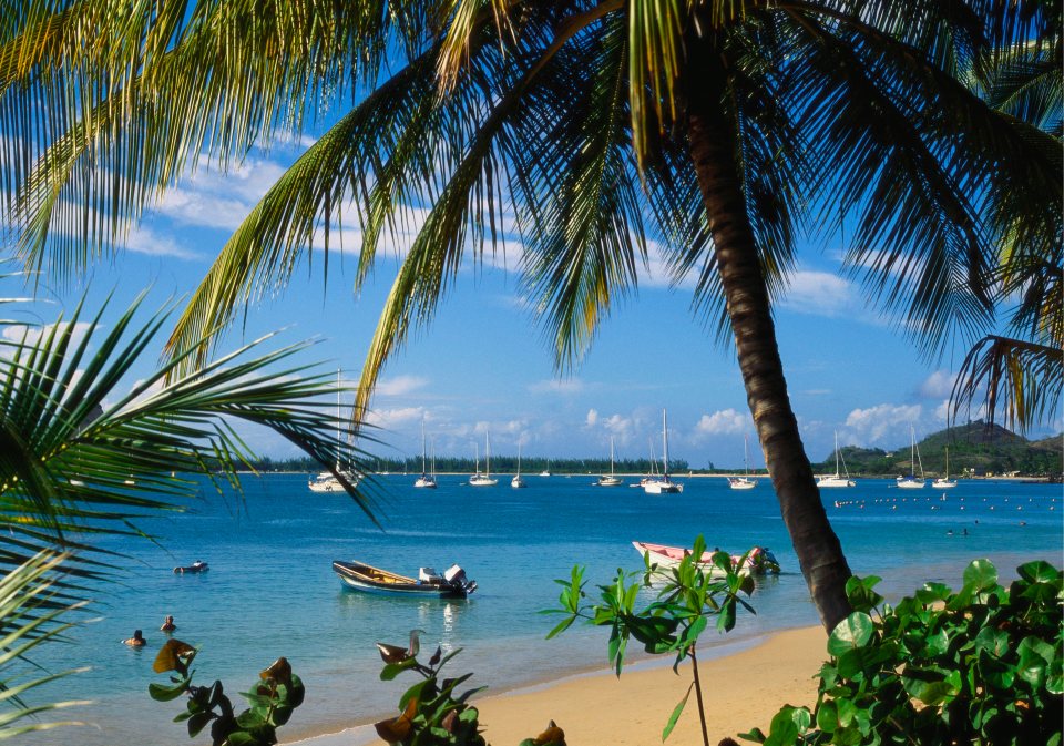 Reduit Beach in St. Lucia, with boats and people swimming in the ocean.