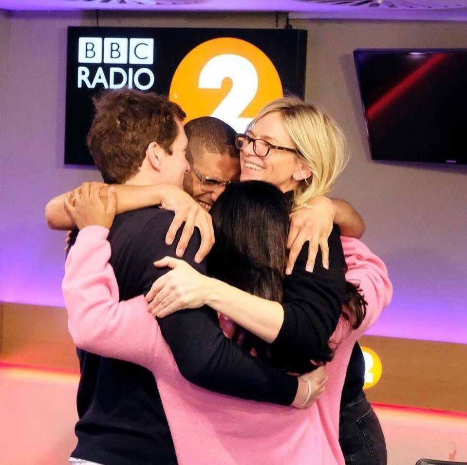 Group hug at BBC Radio 2.