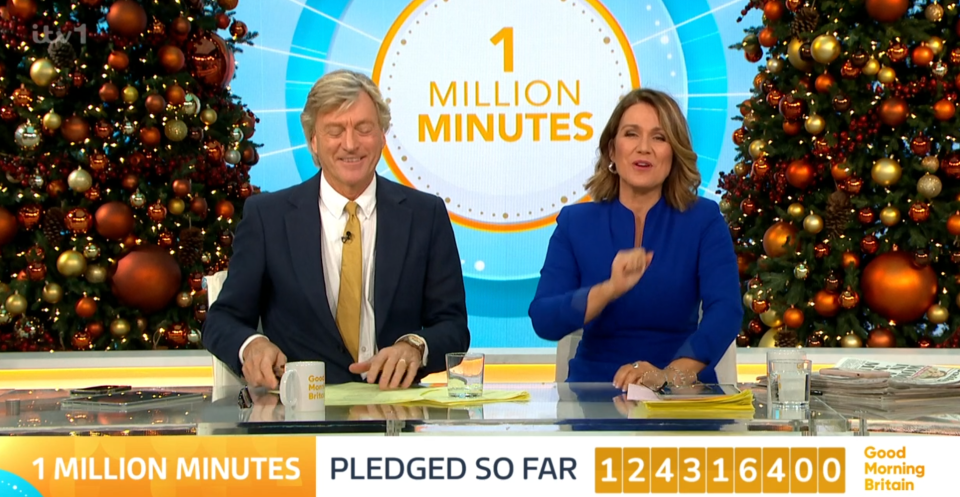 Susanna Reid and a male co-host on Good Morning Britain announce 1,243,164 million minutes pledged.