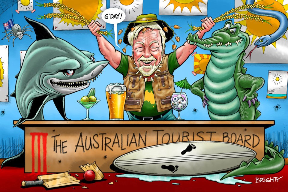 Cartoon of Steve Irwin at the Australian Tourist Board with a shark and crocodile.
