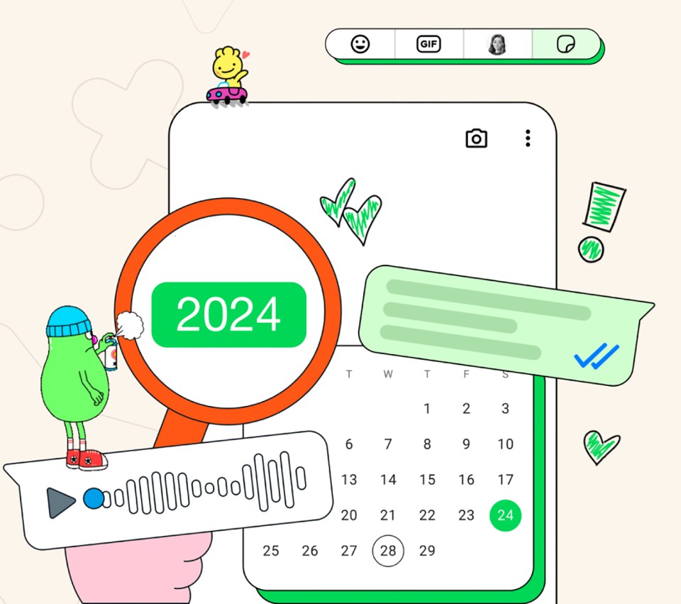 WhatsApp 2024 calendar with messages and voice note.
