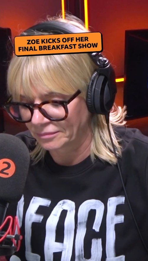 Zoe Ball emotional during her final BBC Radio 2 breakfast show.
