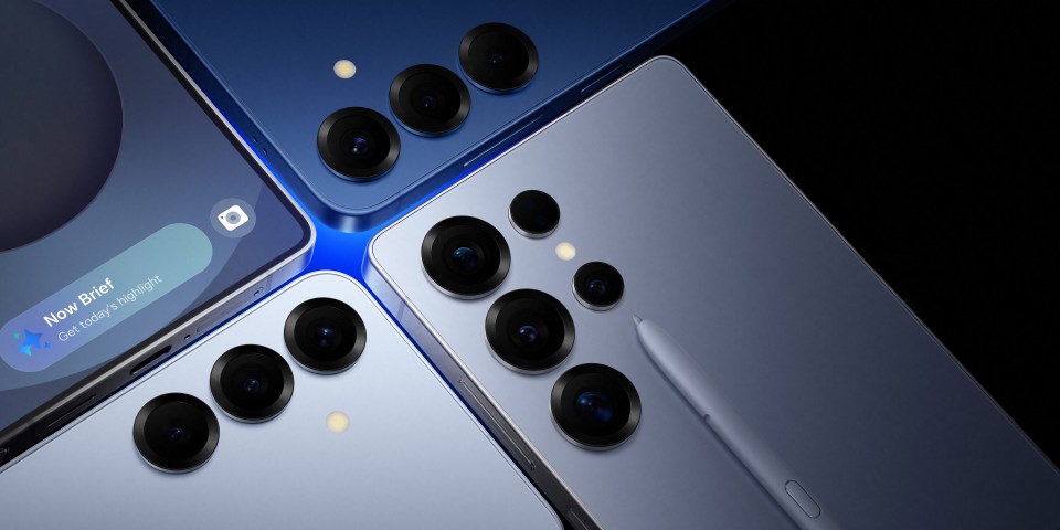Three smartphones with multiple camera lenses and a stylus.