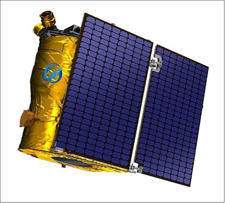 Illustration of a satellite with solar panels.