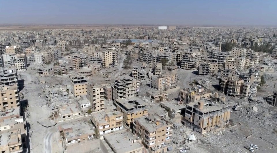 Drone footage of damaged buildings in Raqqa, Syria.