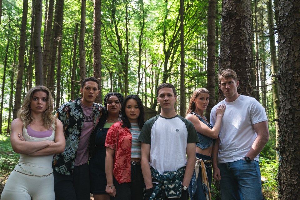 Cast of the second season of the BBC Three drama *Wreck* in a forest.