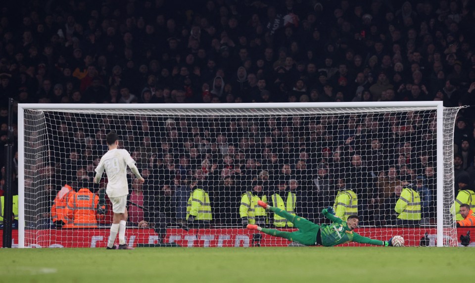 Arsenal's Kai Havertz's penalty shot being saved by Manchester United's goalkeeper.