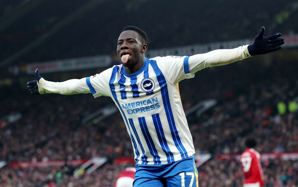 Yankuba Minteh of Brighton & Hove Albion celebrates a goal.