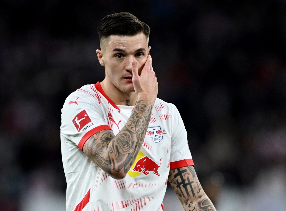 RB Leipzig's Benjamin Sesko reacts during a soccer match.