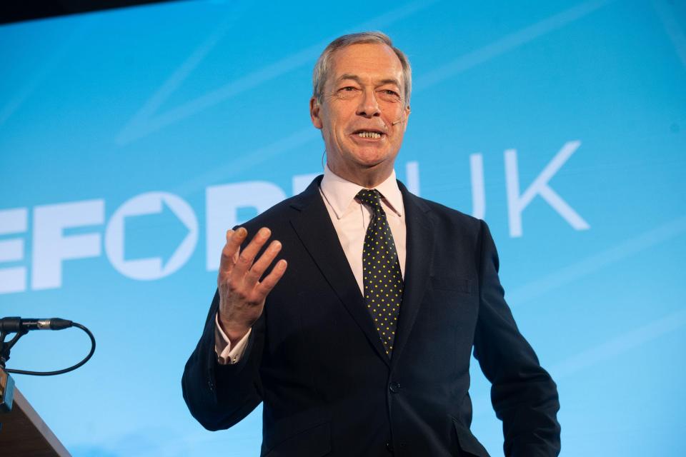 Nigel Farage speaking at a Reform UK conference.