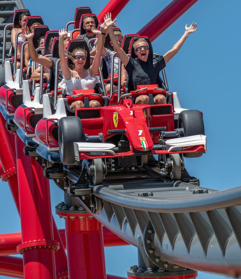 2GCFB1E Red Force 112 Mph 367 Foot Ferrari Themed Rollercoaster Ferrari Land Themed Theme Park the fastest coaster in Europe PortAventura World