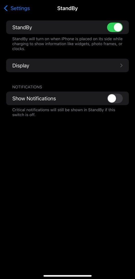 iPhone Standby settings showing options to enable Standby mode and show notifications.