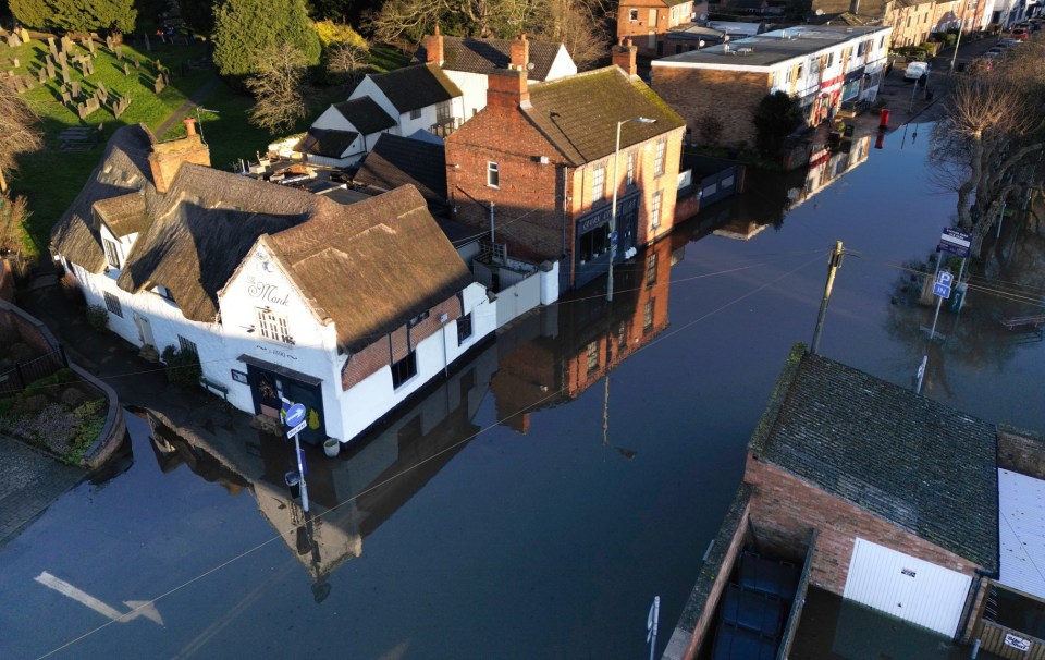 UK - JANUARY 07: A view of the floodwater in the village centre of Quorn on January 07, 2025 in Leicestershire. The Met Office has issued weather warnings as a cold snap sweeps across the UK, bringing bouts of ice, snow, and rain. (Photo by Michael Regan/Getty Images)