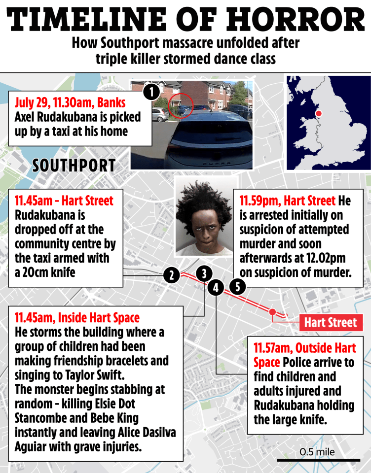 Illustration of Southport massacre timeline, showing the killer's movements and the events leading to arrests.