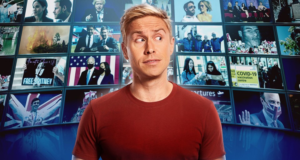 Russell Howard in front of a news montage.