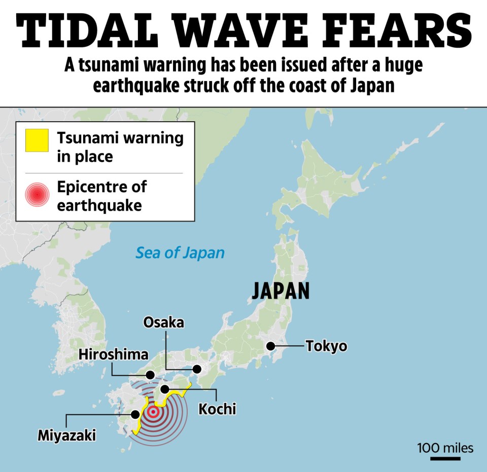 Illustration of Japan map showing tsunami warning and earthquake epicenter.