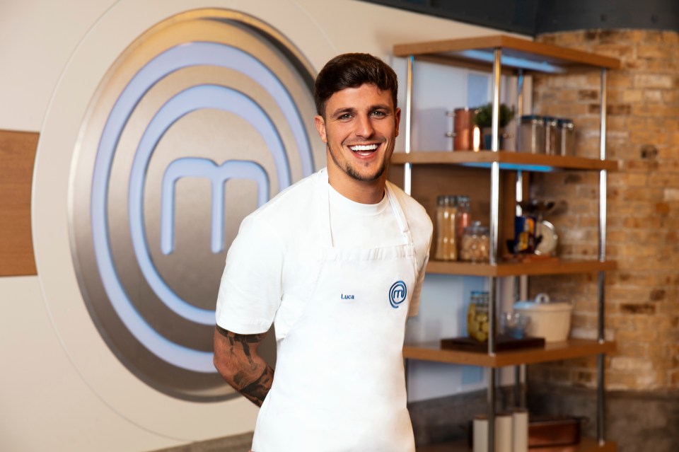 Luca, Celebrity MasterChef contestant, smiling in a white apron.