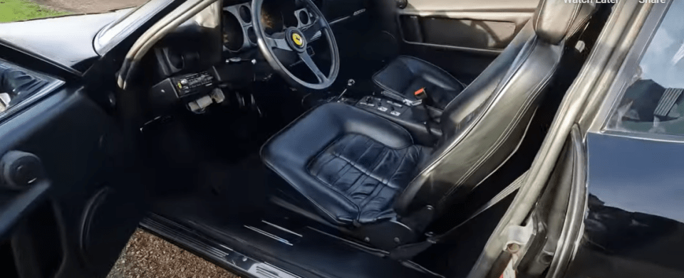 Interior of a black 1984 Ferrari BB 512i.