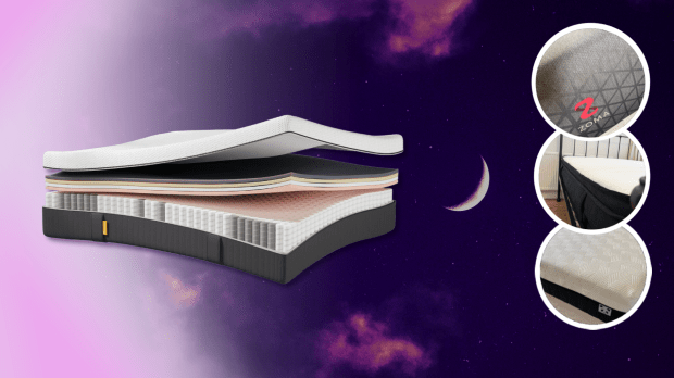 Illustration of a mattress cutaway showing its layers, with inset images of the mattress cover and the whole mattress.