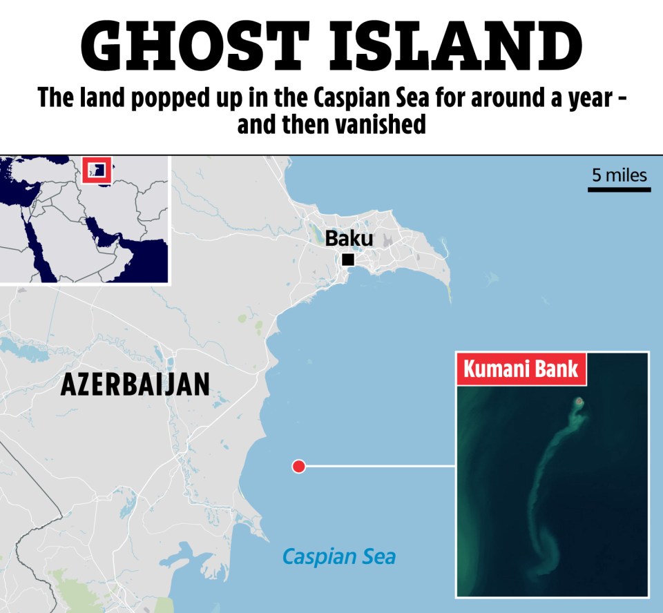 Map showing the location of a ghost island in the Caspian Sea near Baku, Azerbaijan.