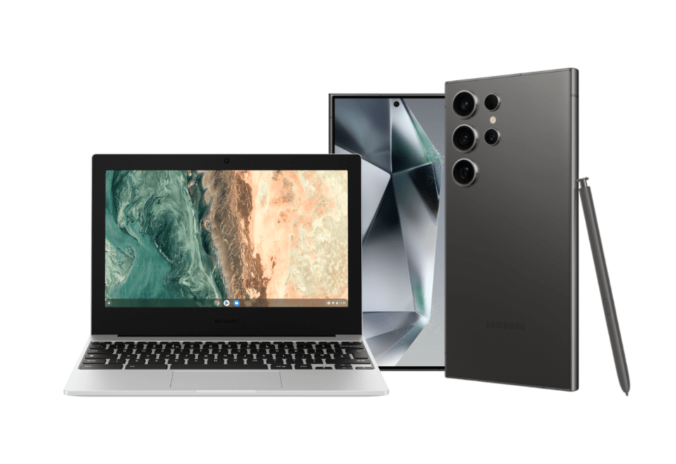 Samsung Chromebook and Galaxy phone with stylus.