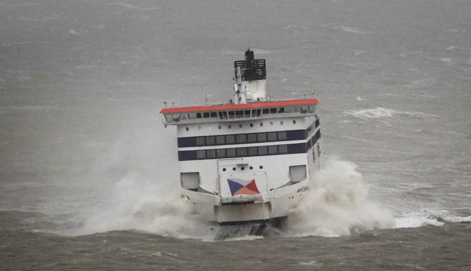 P&O ferry arriving in Dover during stormy weather.