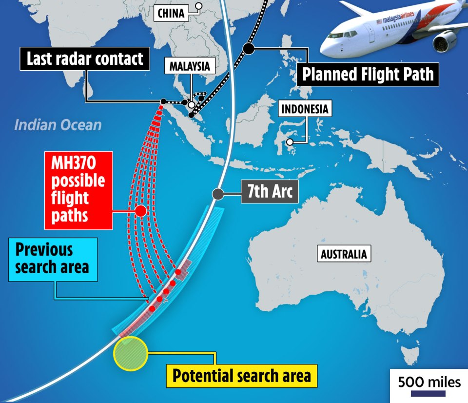 Map showing MH370's possible flight paths, last radar contact, planned flight path, previous and potential search areas.