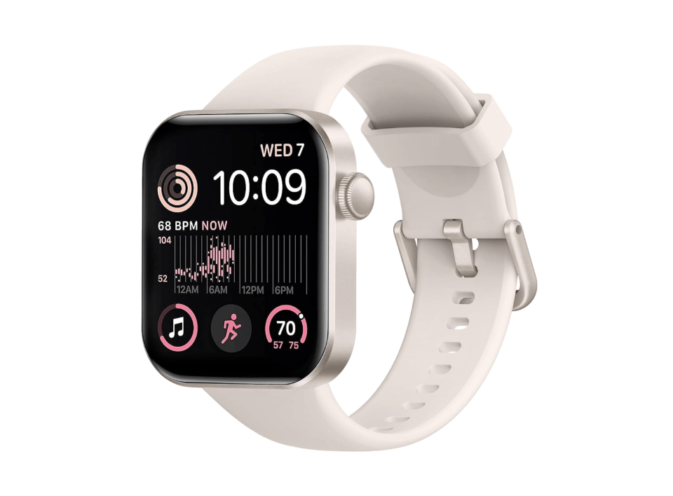 Smartwatch with off-white band displaying time, heart rate, and activity data.