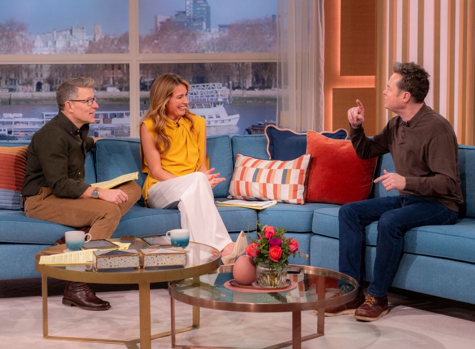 Ben Shephard, Cat Deeley, and Stephen Mulhern on a TV show.