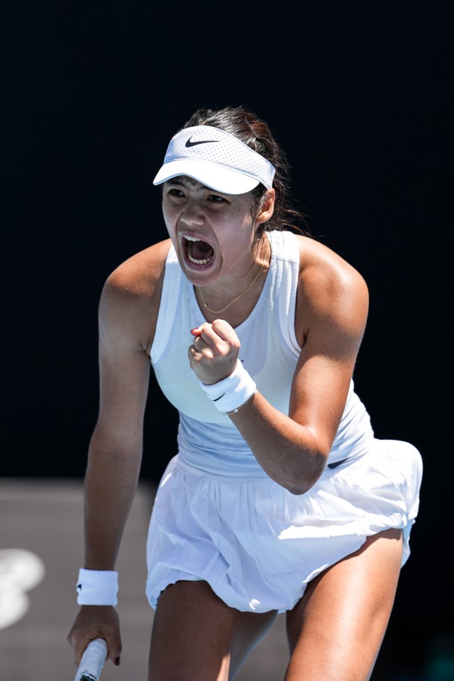 Emma Raducanu of Great Britain celebrating during a tennis match.