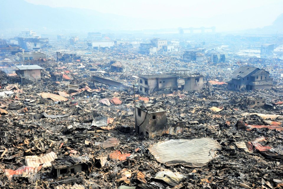 Aerial view of tsunami-devastated Otsuchi village in Japan.
