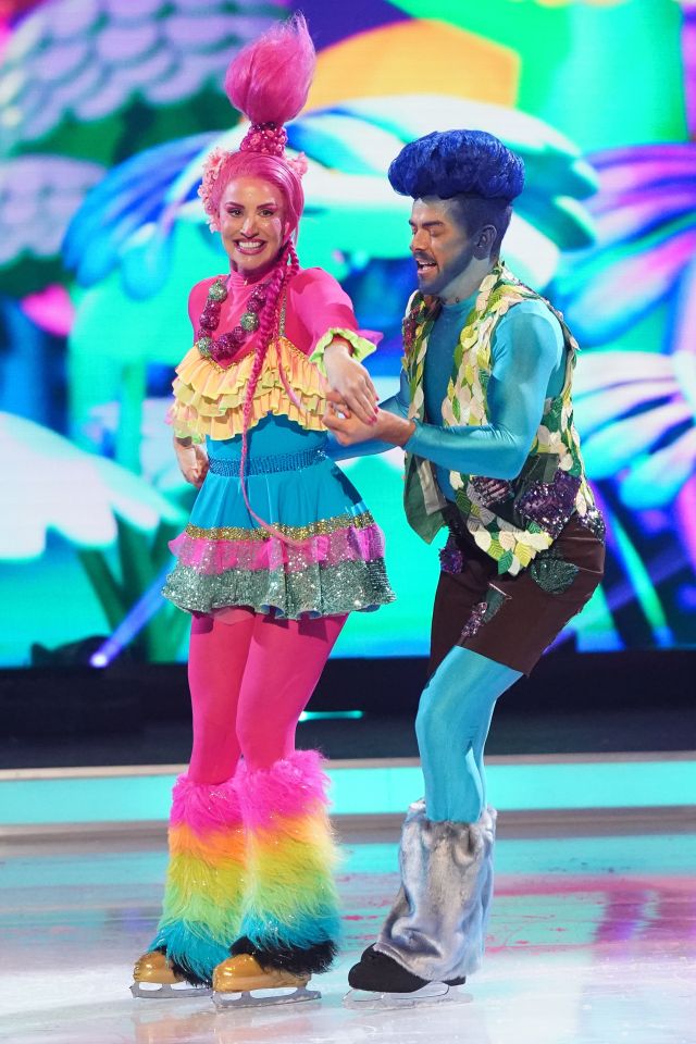 Ferne McCann and Brendyn Hatfield ice skating in colorful costumes on Dancing on Ice.