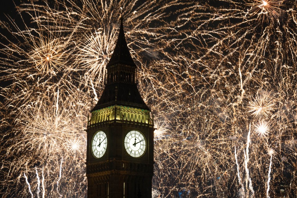 Fireworks over Elizabeth Tower (Big Ben) in London.