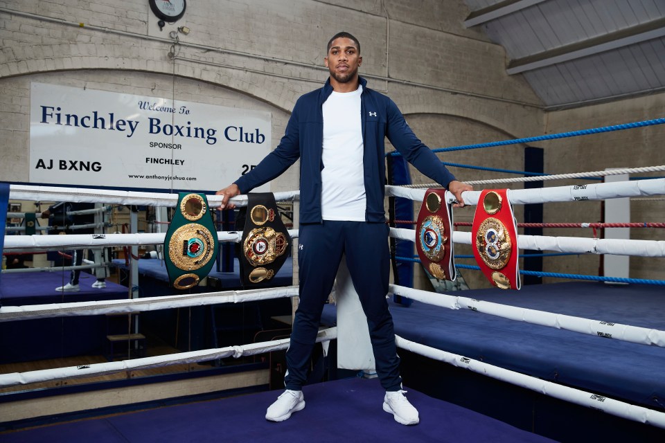 Anthony Joshua with championship belts at Finchley Boxing Club.