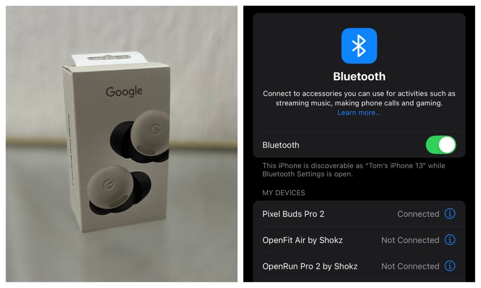 Collage of Google Pixel Buds Pro 2 box and iPhone Bluetooth settings showing the earbuds connected.