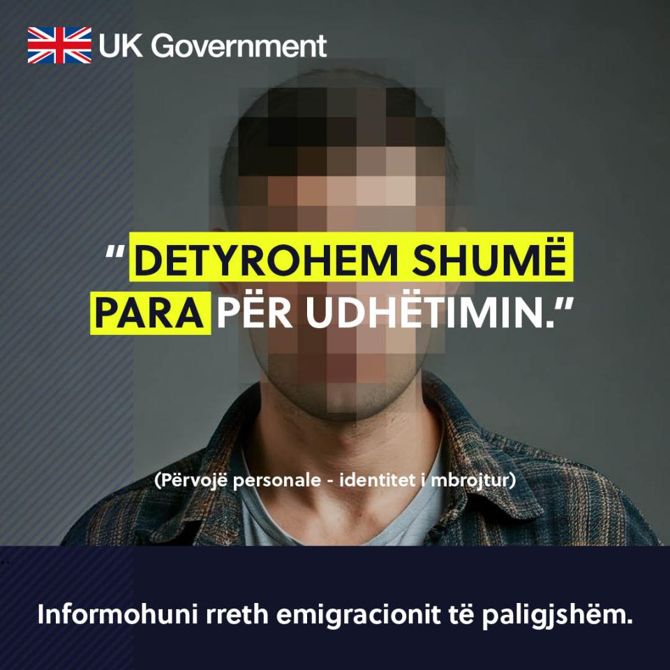 Illustration of a pixelized man with text in Albanian warning about the dangers of illegal immigration.