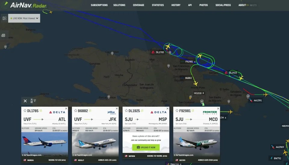 AirNav Radar map showing multiple flight paths over the Caribbean.