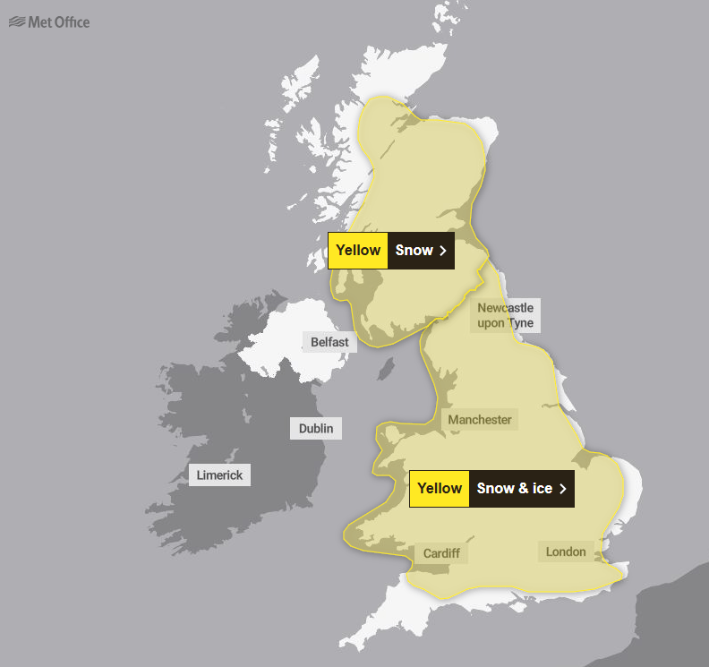UK weather warning: yellow alert for snow in Scotland and snow and ice in England and Wales.