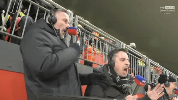 Two commentators enthusiastically call a sporting event.
