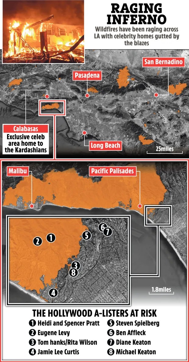 Map showing areas of Los Angeles affected by wildfires, highlighting locations of celebrity homes at risk.