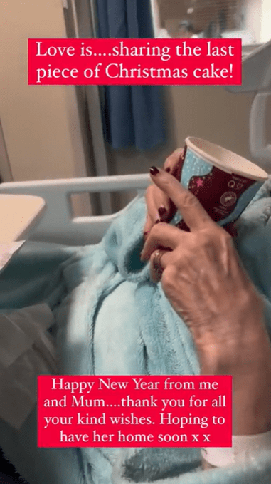 Woman sharing Christmas cake in hospital.