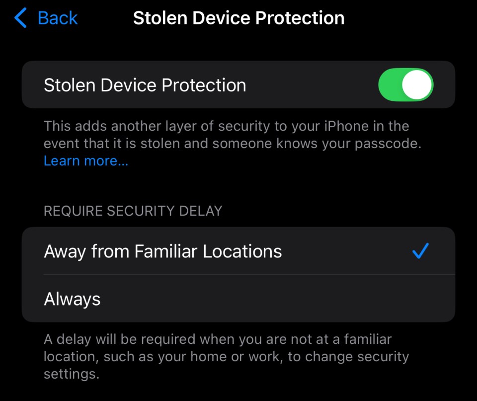 iPhone Stolen Device Protection settings showing security delay enabled when away from familiar locations.